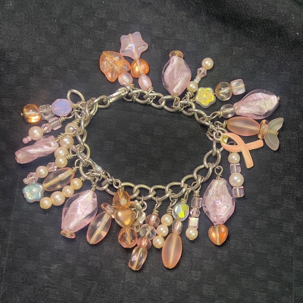Pink Awareness Ribbon Charm Bracelet Peach Glass Bead Pearl Silver Tone 7 Inch